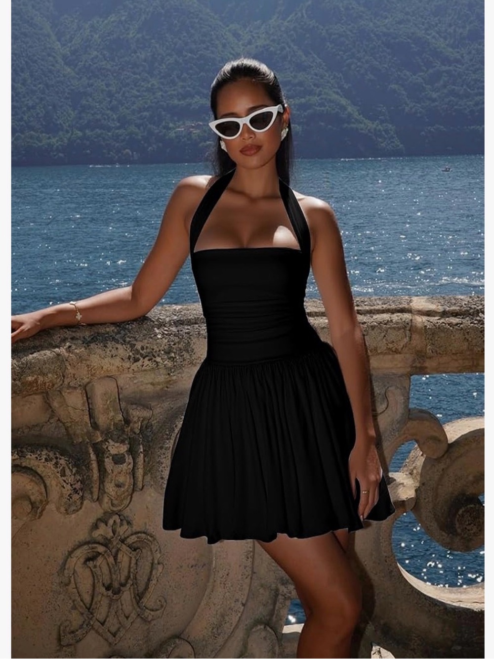 Halter Corset Black Mini Dress Bubble Ruched Waist Built-in Shorts Festival,Sz L